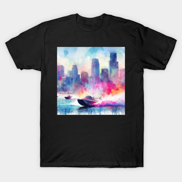 Artistic illustration of high speed boats on the waterfront T-Shirt by WelshDesigns